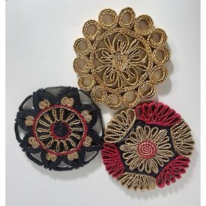 Vintage Set of 3 Rattan Raffia Trivet‎ Woven Straw Hot Pad Boho Kitchen Decor